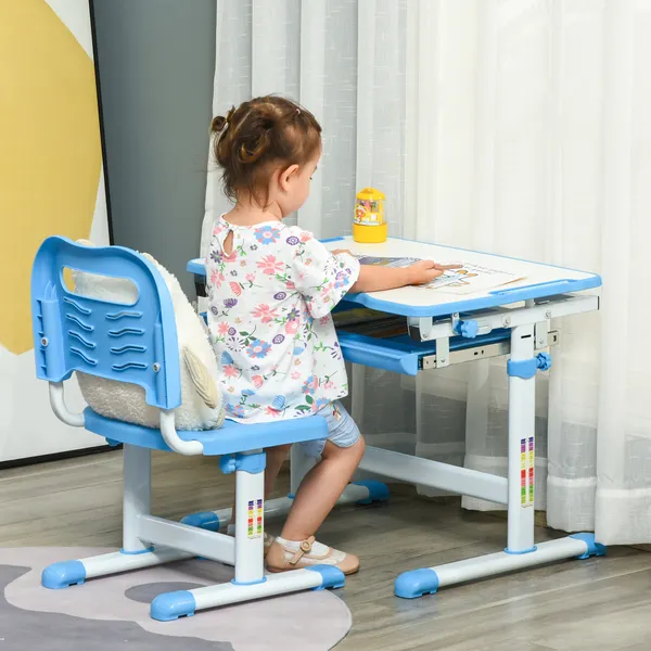 Secrétaire des enfants 2 en 1 Ensemble de secrétaire et de président pour les enfants de plus de 6 ans avec table de hauteur réglable avec angles régulables et bac à diapositives 66x47x77cm Bleu