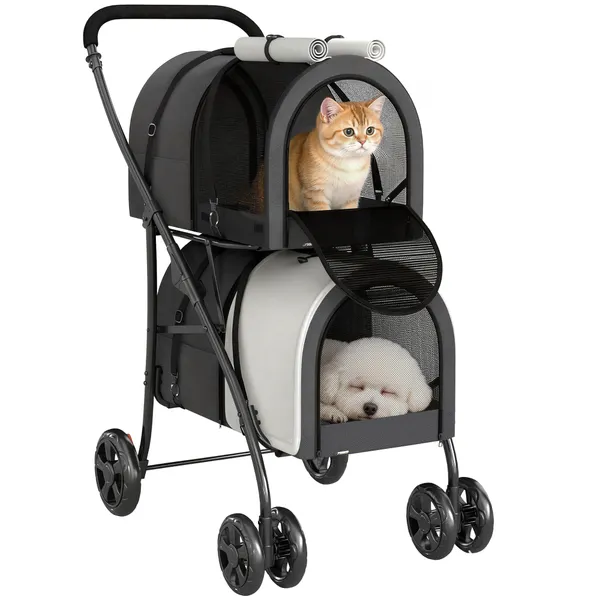 Carrinho Duplo para Cães e Gatos Dobrável com 2 Transportadoras Removíveis Cinto de Segurança Bolsos Laterais e 2 Almofadas Cada Compartimento Suporta 10 kg 66x50x98 cm Cinzento Escuro