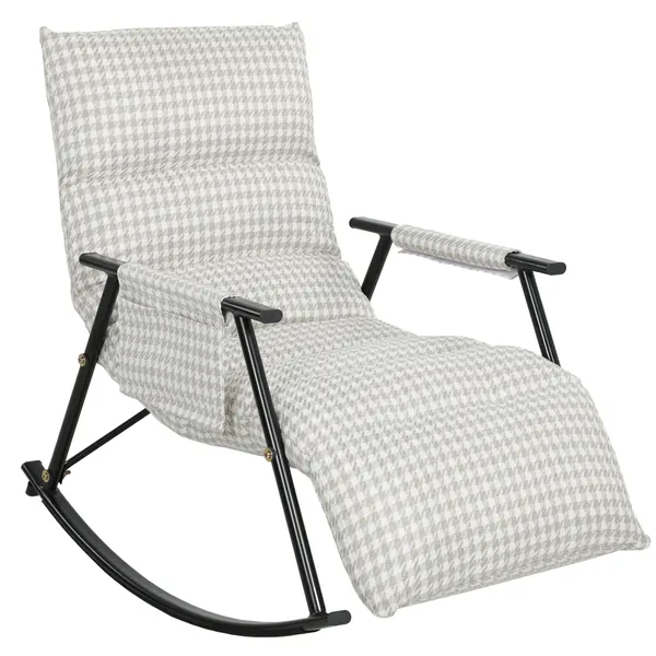 Poltrona Baloiço com Encosto e Apoia-Pés Ajustáveis Poltrona Baloiço 105° Estofada em Linho com Bolso Lateral e Estrutura de Metal Suporta 120 kg para Quarto Sala Cinzento e Branco