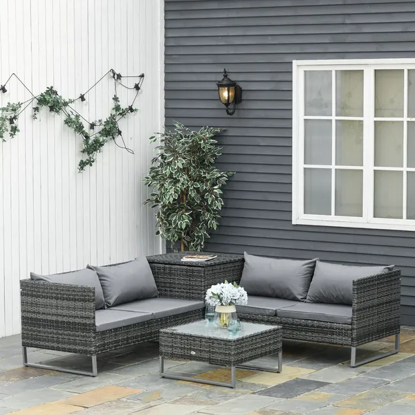 Ensemble de 4 meubles en osier de jardin avec 2 Double Canapés Table centrale avec table de poitrine coussins amovibles 132x69x64 cm Gris