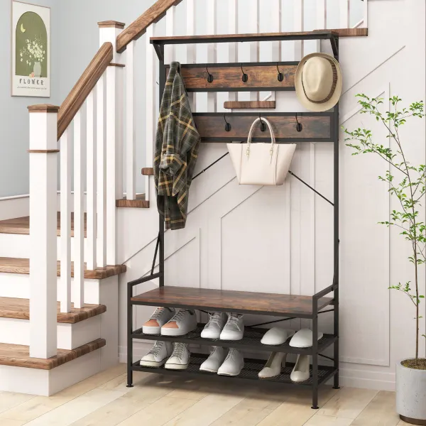 Panca per Scarpe con Scaffale 11 Ganci Struttura in Metallo Industriale 102x40x184cm