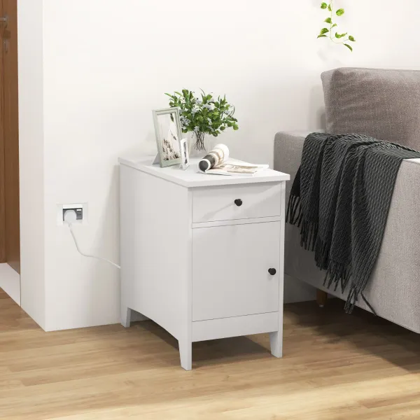 Table d'Appoint avec Station de Charge USB et Prises - Tiroir et Armoire