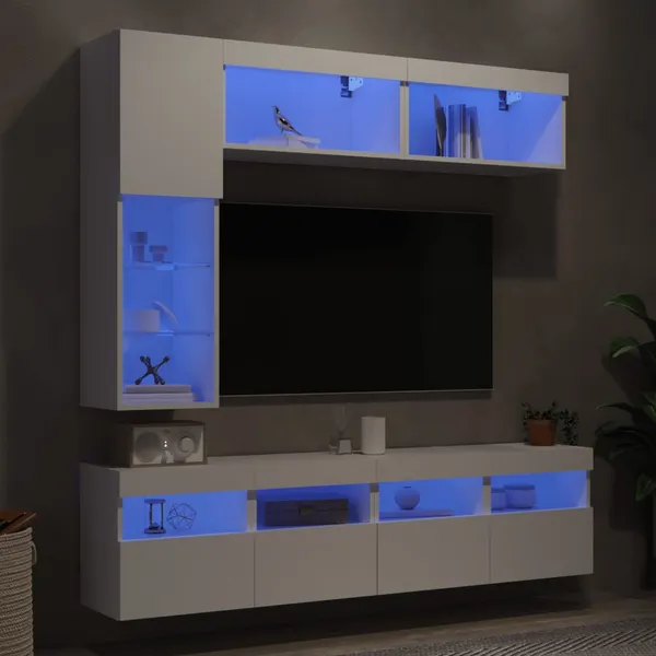 7 pcs conjunto de móveis de parede para TV com luzes LED branco