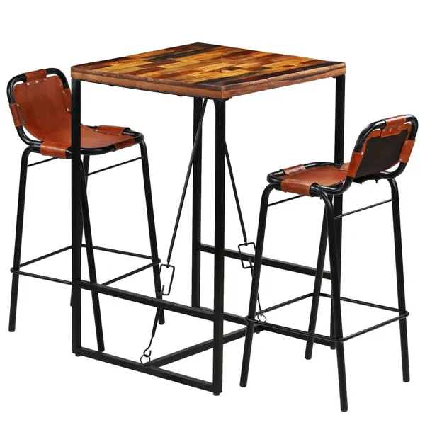 Conjunto de bar 3 pcs madeira recuperada + couro cabra genuíno