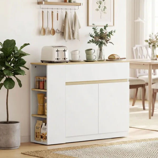 Aparador de Cozinha Aparador Branco com 2 Portas Gaveta e 3 Prateleiras Abertas Armário de Armazenamento para Sala de Estar e Jantar 110x29,5x82 cm