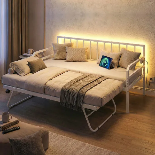 Sofá-Cama Individual com Luzes LED, Base Metálica e Cama Nido Extraível