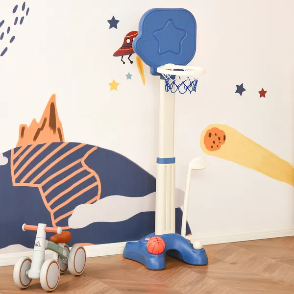 Pallacanestro Tabella 2 in 1 Gioco da golf per bambini oltre 2 anni Aro con altezza regolabile di 83-120cm Balls e Golf Taco 46x41x116-153cm Blu e Bianco