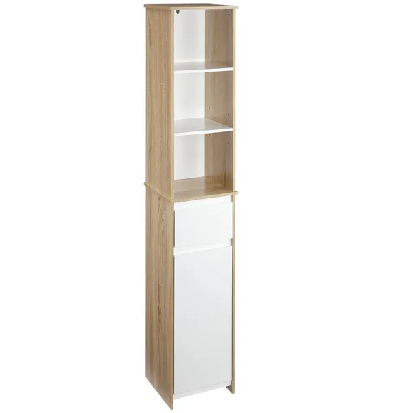 Armadio bagno alto con 1 cassetto porta e 3 ripiani Mensola regolabile per soggiorno cucina 32.6x30x171.2 cm Legno naturale e bianco
