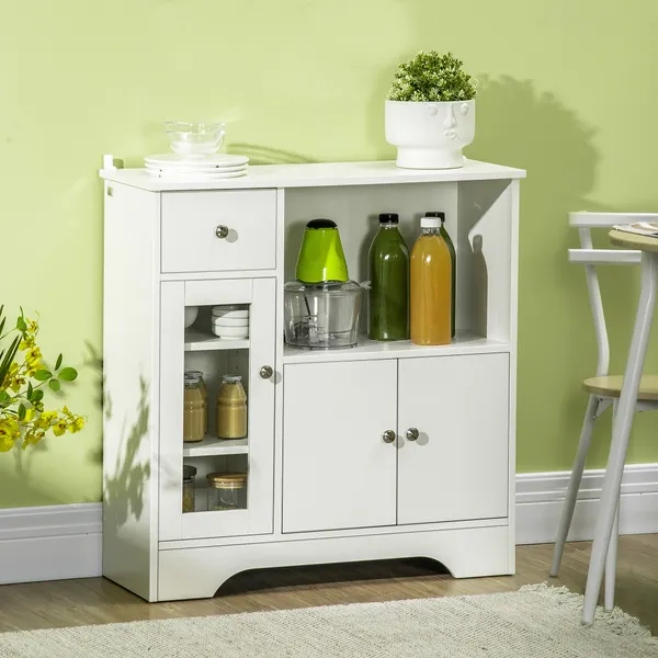 Aparador de Cozinha Moderno com Porta de Vidro Gaveta Prateleira Aberta e Prateleiras Ajustáveis Móvel Auxiliar de Armazenamento para Sala de Jantar Sala de Estar 80x30x82cm Branco