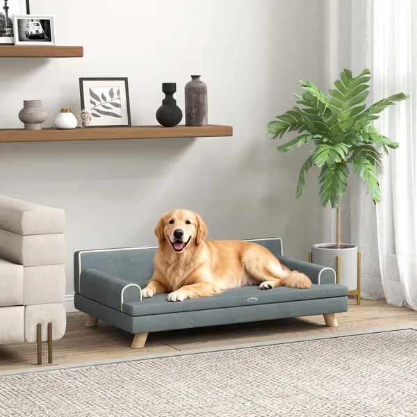 Sofá para Cães Grandes e Médios 100x62x32 cm Cama Elevada Revestimento em Chenille com Almofada Lavável e Pés de Madeira de Pinho Cinza Escuro