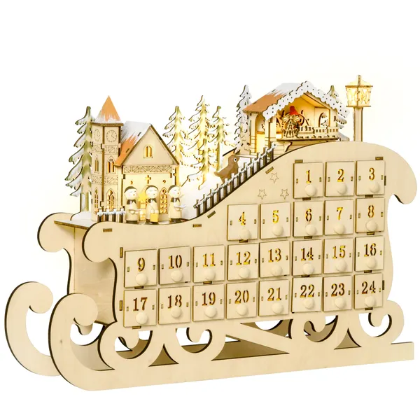 Calendario dell'Avvento di Natale con luci LED e 24 cassetti Decorazione di Natale Trenó Modello 45x10x31cm Legno naturale