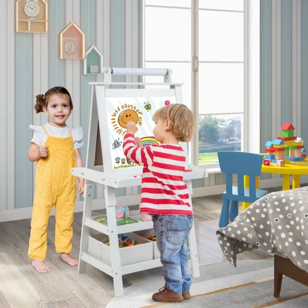 Chevalet Enfant Double Face 3 en 1 avec 2 Étagères 2 Boîtes et Plateau 59x50x117cm