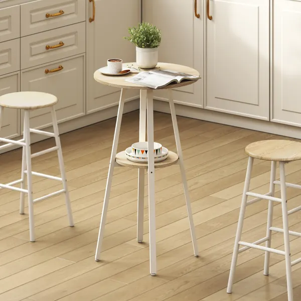 Mesa Alta de Cozinha Redonda com Prateleira de Armazenamento Mesa Alta de Bar Moderna para 2 Pessoas com Estrutura de Metal 55x55x95 cm Madeira e Branco