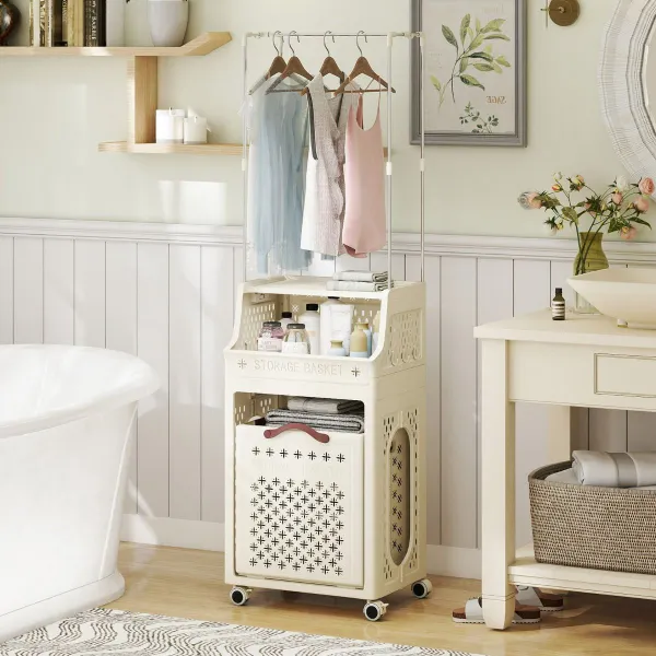 Cesto de Roupa Sucia com Rodas e Cabideiro Plegável Beige