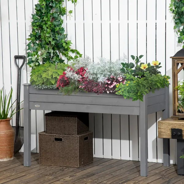 Horta Elevada de Madeira 122,5x56,5x76 cm Mesa de Cultivo com Tecido não Tecido e 4 Orifícios de Drenagem para Cultivo de Plantas e Flores Madeira