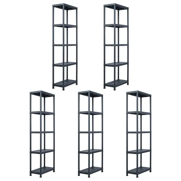 Estantes de arrumação 5 pcs preto 125 Kg 60x30x180 cm plástico