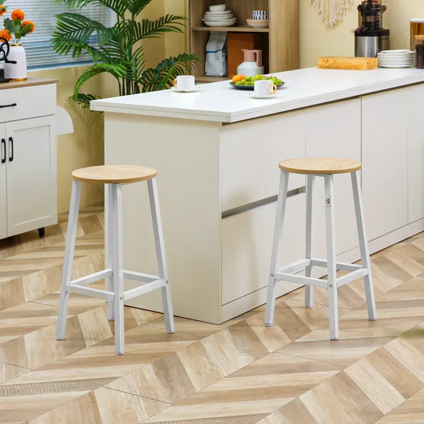 Conjunto de 2 Bancos Altos de Cozinha Bancos de Bar com Pés de Aço e Apoio para os Pés para Sala de Estar Sala de Jantar Carga 75kg 32,5x32,5x65cm Madeira e Branco