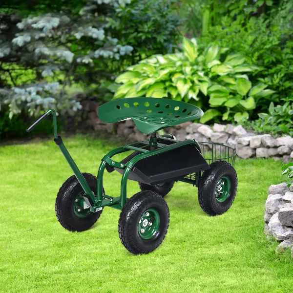 Carrello Giardino Orientabile con Maniglia Estensibile Cesto Stoccaggio Sedile Regolabile 2 Vassoi Verde