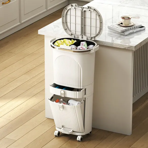Cubo de Basura de Clasificación de 42L con 2 Cubos Extraíbles Cajón Pedal y Ruedas para Sala Cocina y Baño Beige