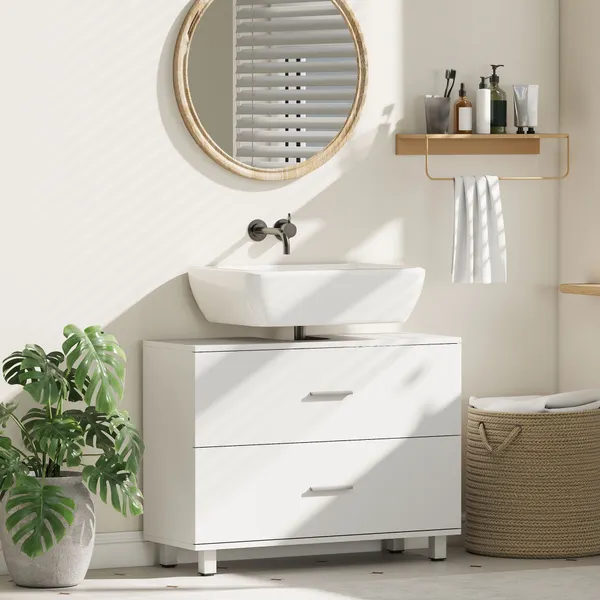 Móvel para Lavatório Pousar de Casa de Banho com 2 Gavetas Móvel para Lavatório com Gaveta Superior Dividida para Lavatório sem Pedestal 80x30x60 cm Branco