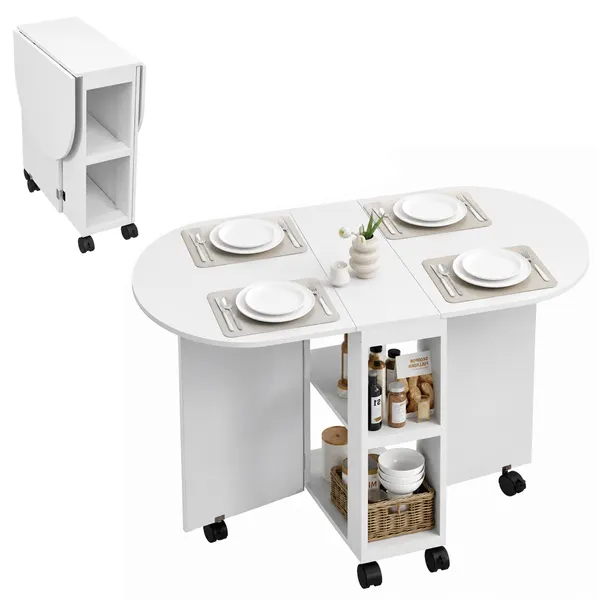 Mesa de Cozinha Dobrável com Rodas Mesa de Cozinha com Laterais Rebatíveis e 2 Prateleiras Abertas Estilo Moderno Carga 80 kg 120x60x77 cm Branco