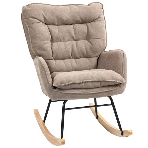 Poltrona de Baloiço Moderna Estofada em Chenilha Poltrona de Lactância com Encosto Largo Acolchoamento Espesso Pernas de Madeira Apoios de Braço 71x98,5x97 cm Castanho