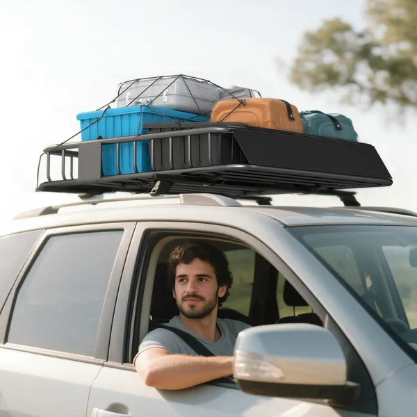 Cesta para Tejadilho Universal para Vehículos en Acero Baca Porta-Bagagens Automóvil Carga 90,7 kg con Defletor Barras Laterais para SUV Pickups Sedans 110,5x99,5x18,5 cm Negro