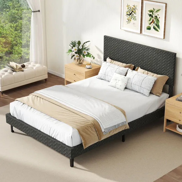 Cama Estofada 140x200cm Cabeceiro Chevron Ajustável Somier Lâminas Cinzento Escuro