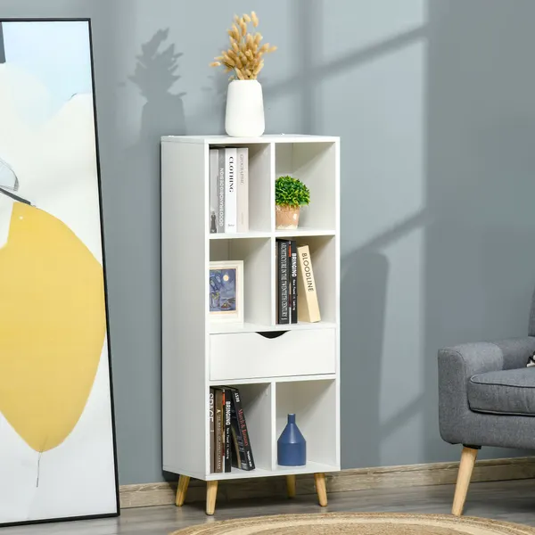 Libreria con 6 scomparti Aperto 1 cassetto in legno e piedi per i CD di stoccaggio giocattolo Piante 50x29.5x120cm Bianco