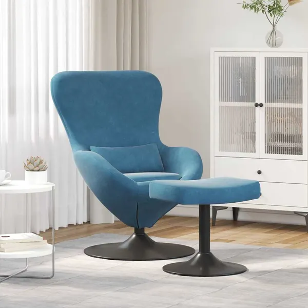Cadeira Egg com Puff with Footstool Azul Veludo