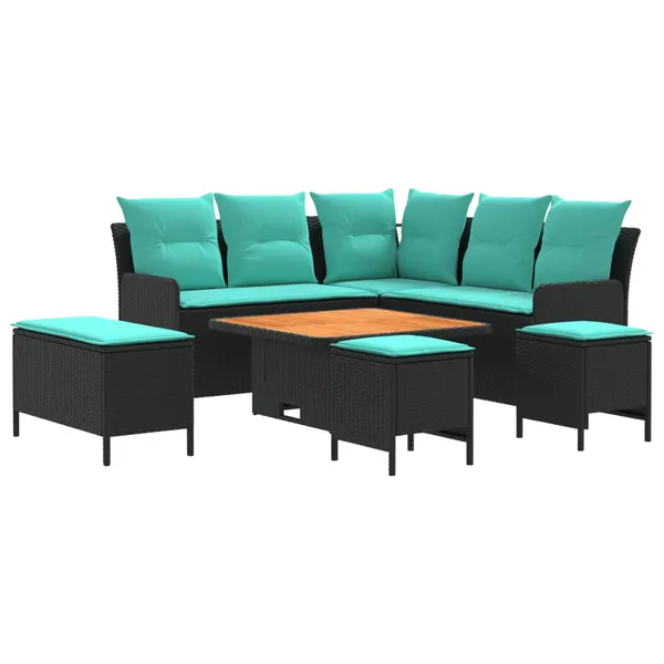Conjuntos de móveis 7 pcs Preto e Turquesa Rattan de PE