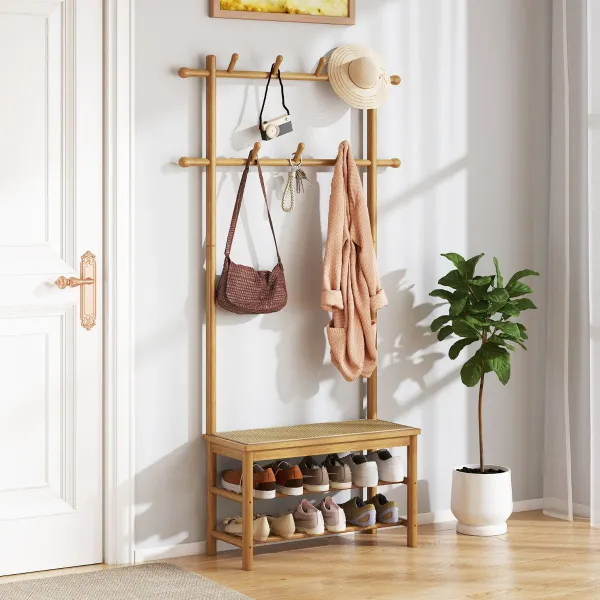 Porte-Manteau Bambou 3 en 1 avec Banc et Rangement Chaussures Rotin PE Naturel