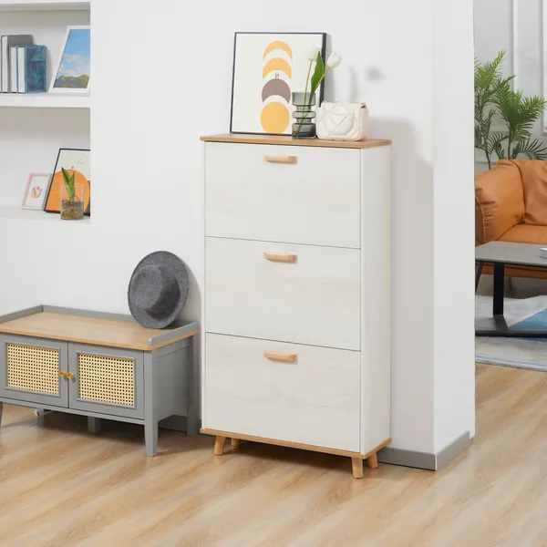 Sapateira Moderna Armario para Zapatos con 3 Gavetas Abatibles para 12 Pares de zapatos y Prateleira ajustable para Corredor Entrada 70x23,5x122cm Blanco y Madeira
