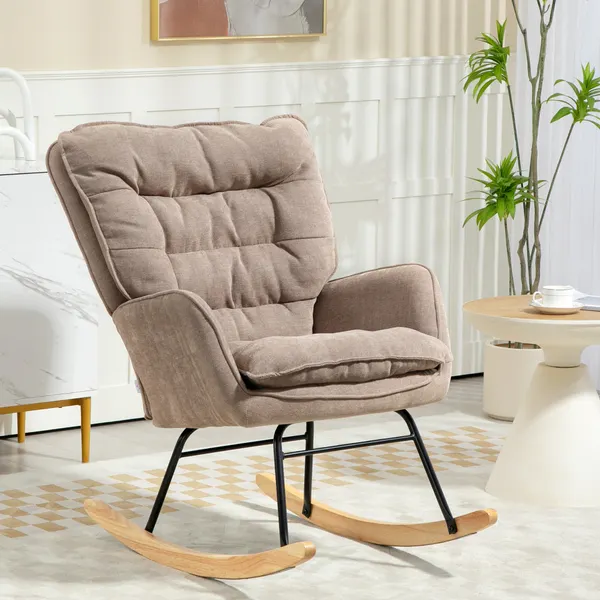 Poltrona de Baloiço Moderna Estofada em Chenilha Poltrona de Lactância com Encosto Largo Acolchoamento Espesso Pernas de Madeira Apoios de Braço 71x98,5x97 cm Castanho