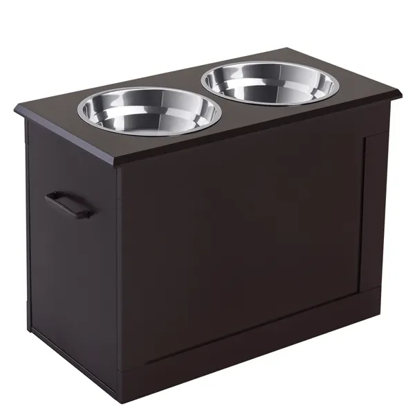 Comedouro Elevado para Cães Comedouro para Cães com 2 Tigelas de Aço Inoxidável e Espaço de Armazenamento Oculto 60x30x41 cm Castanho Escuro