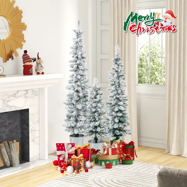 Conjunto de 3 Árboles de Navidad Artificiales Nevados con Barriles de Metal Rellenos de Cemento