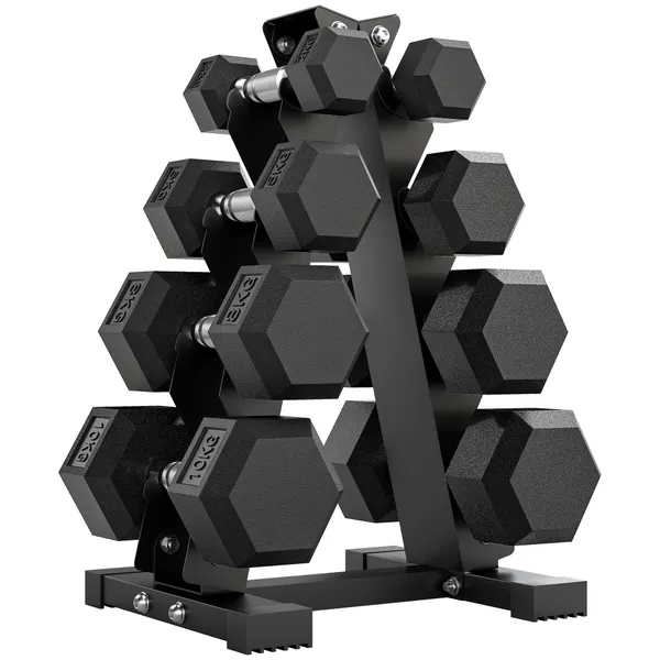 Conjunto de Halteres de 8 Peças 50 kg Halteres Hexagonais 2x2kg 2x5kg 2x8kg 2x10kg com Suporte de Armazenamento e Punho Antiderrapante para Treino em Casa e Ginásio Preto