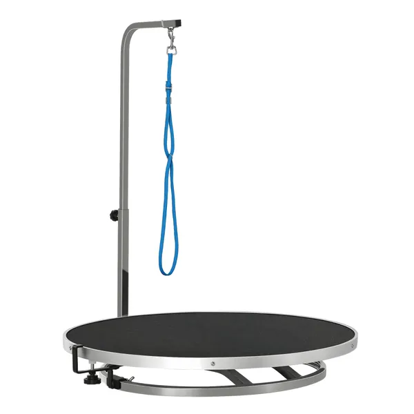 Mesa de Higiene para Animais de Estimação Mesa de Cabeleireiro com Base Giratória Suporte Ajustável de 46-72cm Aço Inoxidável com Correia Ø65x10cm Preto