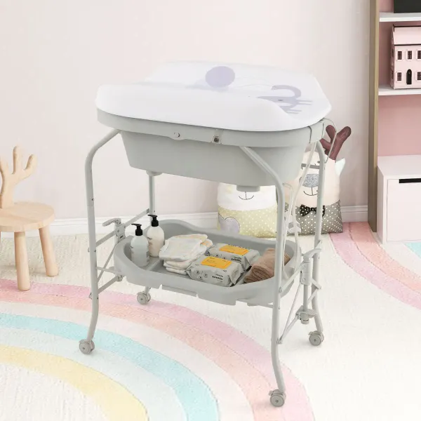 Table à Langer Bébé avec Baignoire Pliable 4 en 1 Roulettes et Panier Rangement