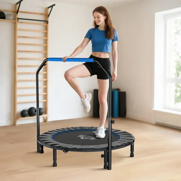 Trampolim Fitness Ø122 Trampolim Dobrable con Pega ajustable en 4 Niveles Estructura de acero para Treino de Pernas Cuerpo en Casa Oficina Gimnasio Azul