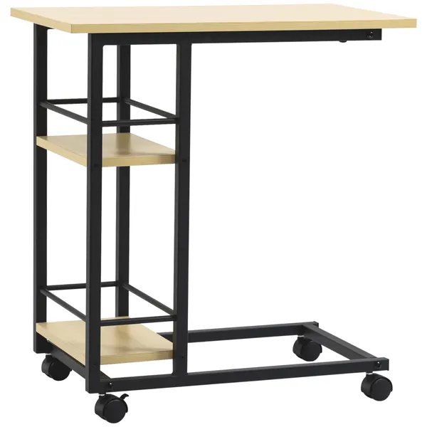 Table auxiliaire avec roues Table latérale en forme de C pour canapé-lit avec 2 étagères et freins pour dorme Modern Style Stand Room 60x34.5x64.5cm Bois