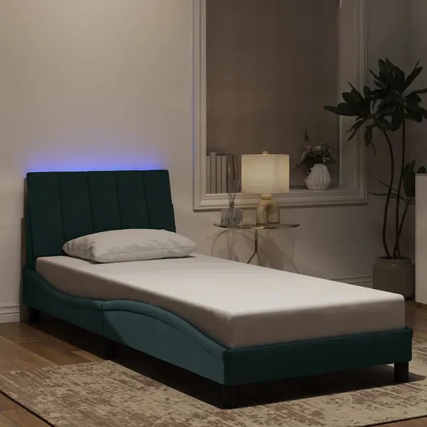 Estrutura de cama com LED sem colchão Hanko 90x200 cm veludo verde-escuro