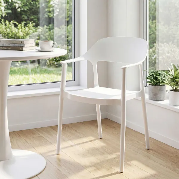 Sedia da Sala Plastica con Schienale Curvo Braccioli Seduta Ampia Uso Interno Esterno Bianca