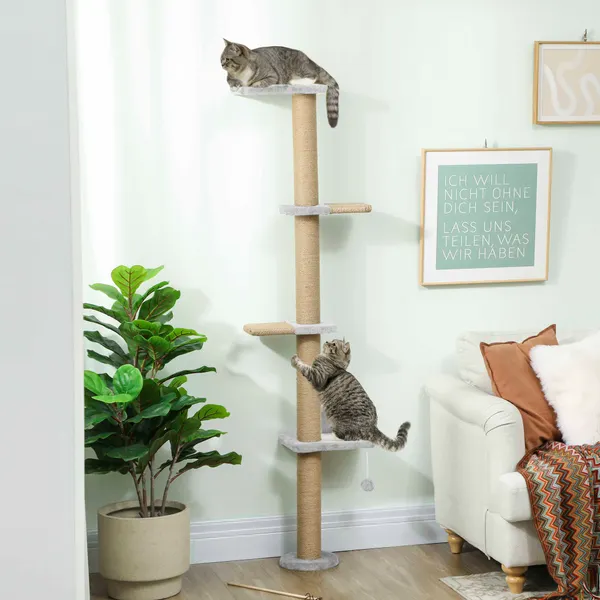 Arranhador para Gatos de Parede de 5 Níveis Estreito com Bola de Brinquedo e Arranhadores de Sisal 48x21x180 cm Cinza Claro