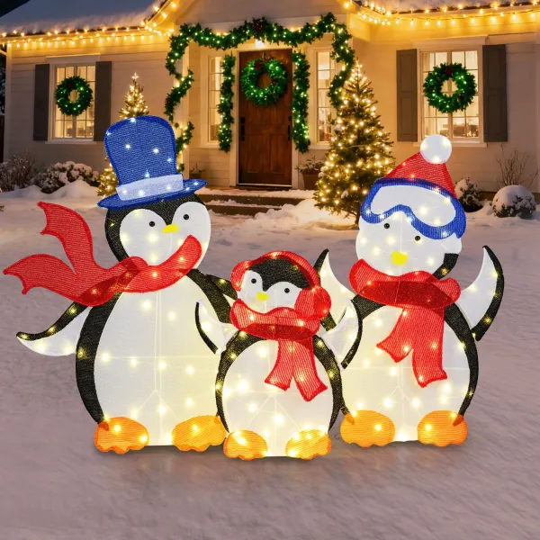 Decoração Natalícia Família Pinguins Iluminados 3 Peças LED 160 Luzes Brancas
