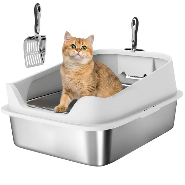 Caixa de Areia XL para Gatos em Aço Inoxidável Bordas Altas Pá Metálica Fácil de Limpar Antifugas 60,2x40,2x29,7 cm Cinzento