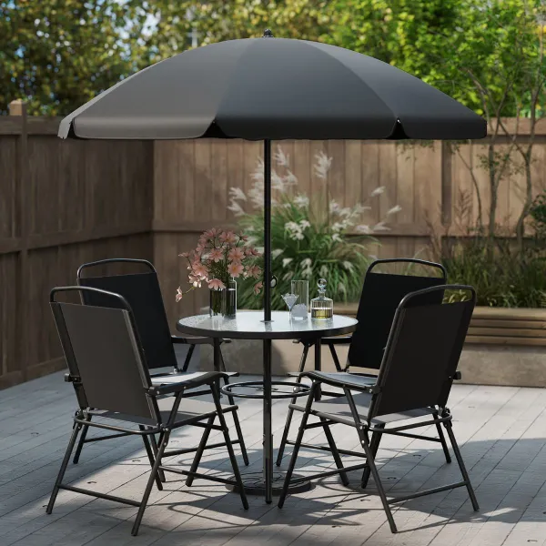 Set Salotto Giardino 6 Pezzi con Ombrellone, Tavolo Rotondo e Sedie Pieghevoli Nero