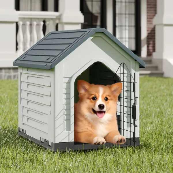 Casota para Cães com Porta Metálica Bloqueável e Tecto Inclinado 66,5 x 52 x 60 cm