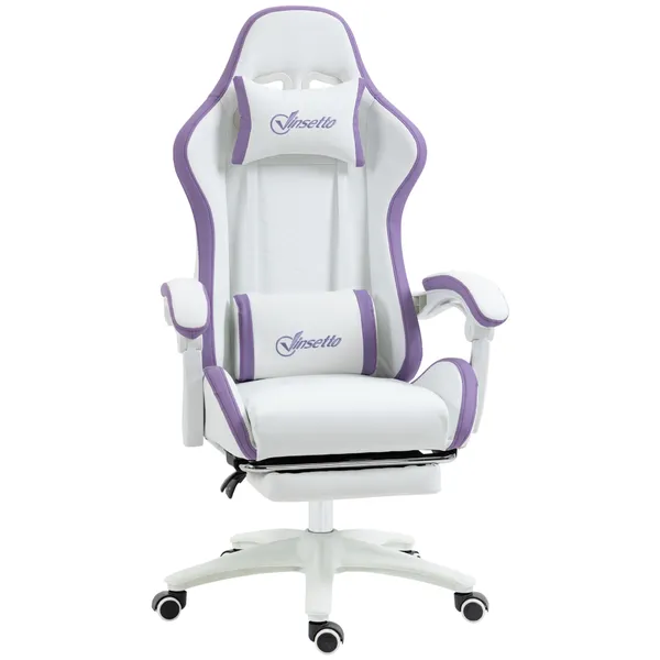 Cadeira Gaming Cadeira Gamer Racing de Couro PU com Altura Ajustável Reclinável 135° Apoio para a Cabeça e Apoio para os Pés Retrátil para Escritório Estúdio 65x65x121-129 cm Branco e Roxo