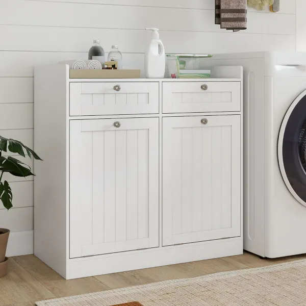 Armário para Roupa Suja com Dupla Inclinação - Móvel de Casa de Banho com 2 Gavetas e 2 Sacos Extraíveis